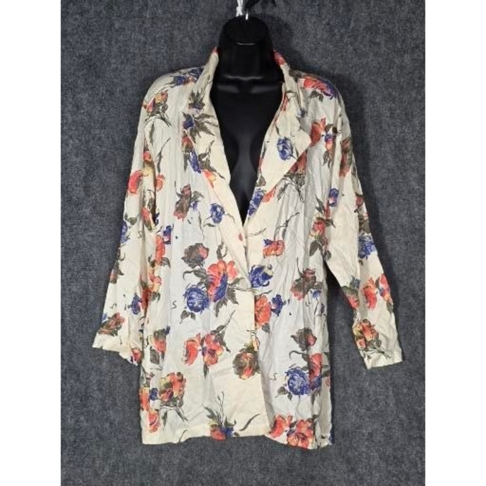 Rare Vintage Womens Floral Blazer Jacket Cream Orange Blue Rayon Size M 90s‎ Art